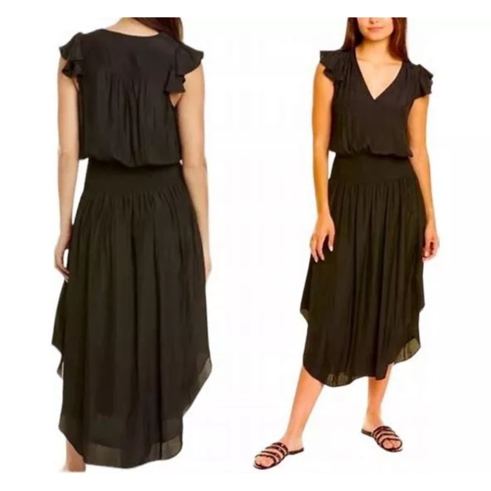 Ramy Brook Yassi V-Neck Flutter Sleeves Black Midi Dress Size Small NWOT